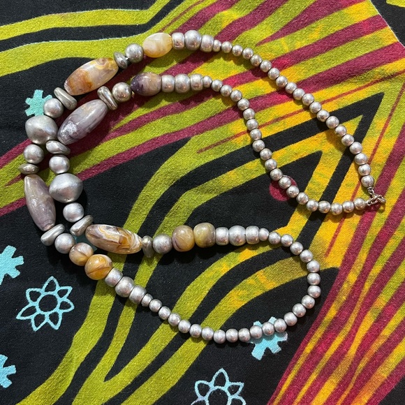 Vintage Jewelry - VTG Boho Faux Gemstone Plastic and Silver Tone Metal Beaded Costume Necklace